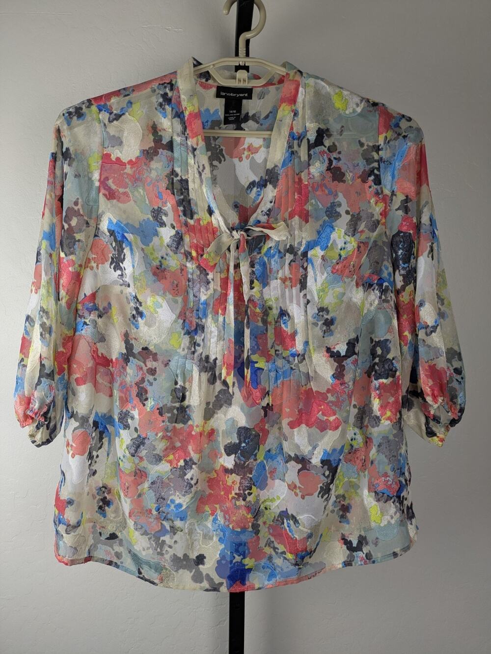 Lane Bryant colorful burnout semi sheer blouse neck tie detail